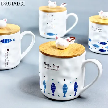 Japonský štýl tvorivé mačka a ryby skupiny známky keramický pohár cartoon s lyžicou s vekom raňajky pohár mlieka teacup šálku Kávy
