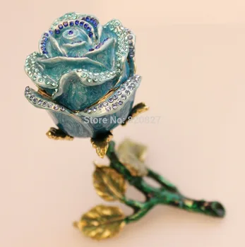 Modrá Ruža Bejeweled Trinket Šperky Box Svadobný Dar Kovové Ruže Tin Ozdoby pre ženy a Milovaný