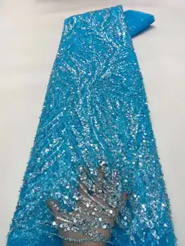 Nový Príchod Cyan Blue Luxusný Perličiek Čipky Afriky 2022 Vysokej Kvality 5 Dvore Ručné Sequin Textílie Nigéria Pre Ženy Party Šaty Šiť